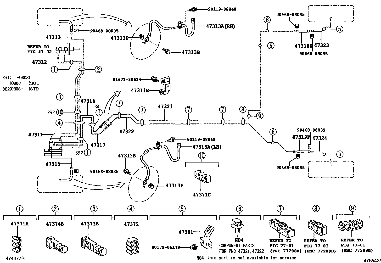 Toyota YARIS 制动配管和卡箍 EPC diagram — 476542A
