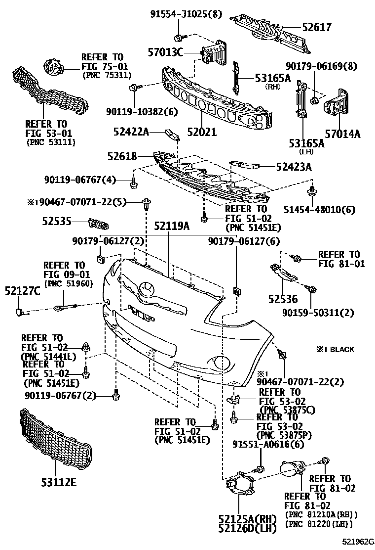 Toyota YARIS 前保险杠及附件 EPC diagram — 521962G