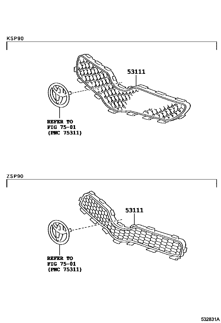 Toyota YARIS radiator grille EPC diagram — 532831A