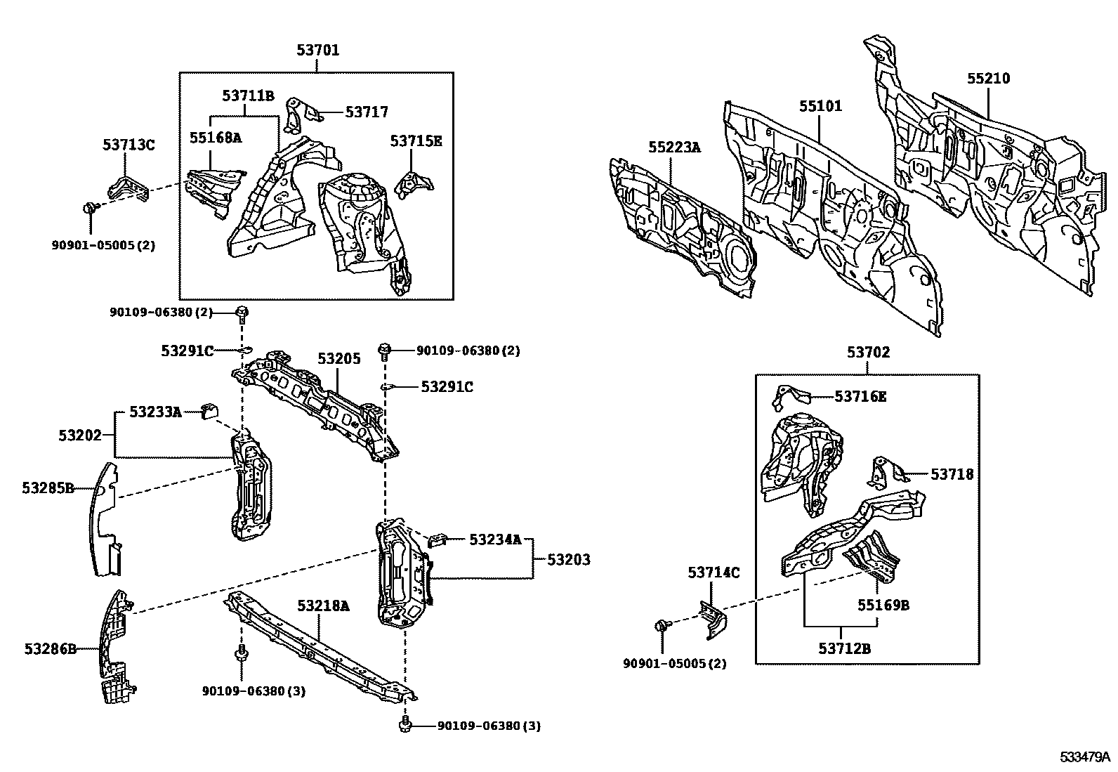 Toyota YARIS 前翼子板挡泥板和前围板 EPC diagram — 533479A
