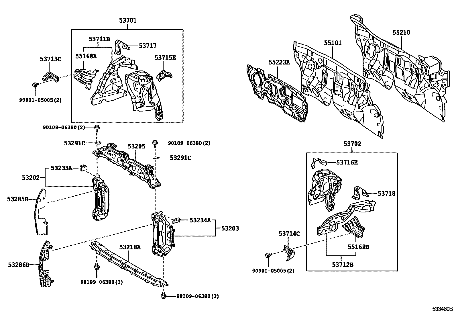 Toyota YARIS 前翼子板挡泥板和前围板 EPC diagram — 533480B
