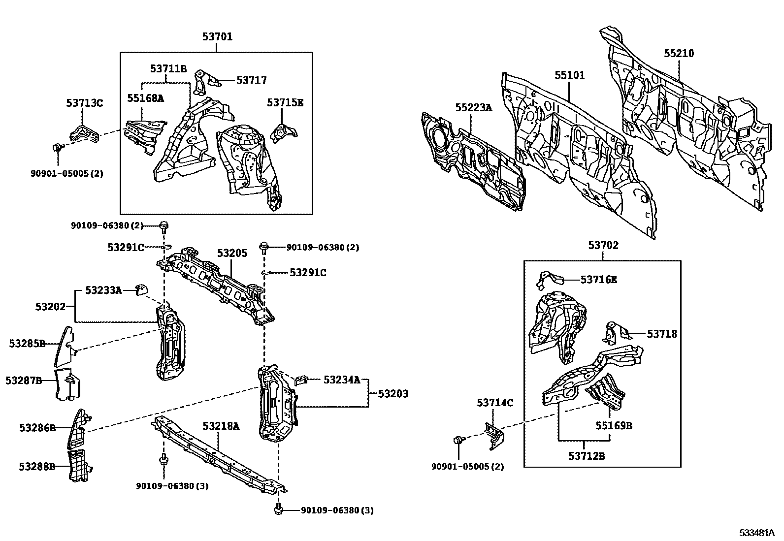 Toyota YARIS 前翼子板挡泥板和前围板 EPC diagram — 533481A