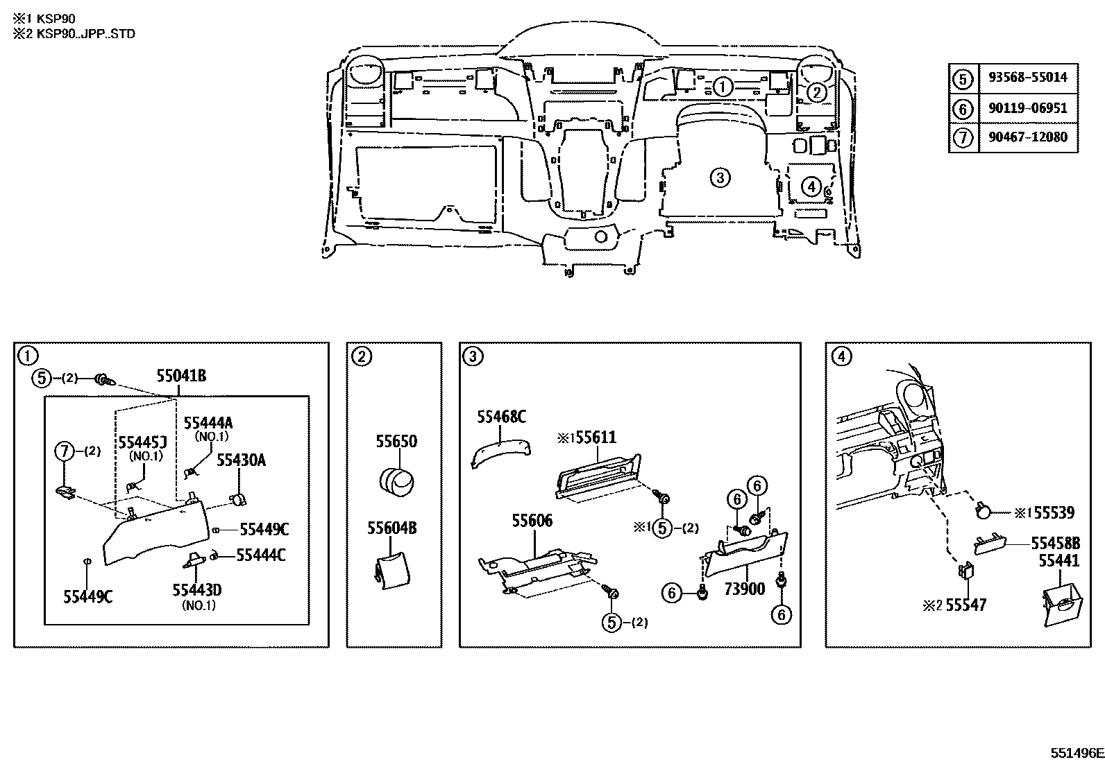 Toyota YARIS 仪表板和手套箱 EPC diagram — 551496E