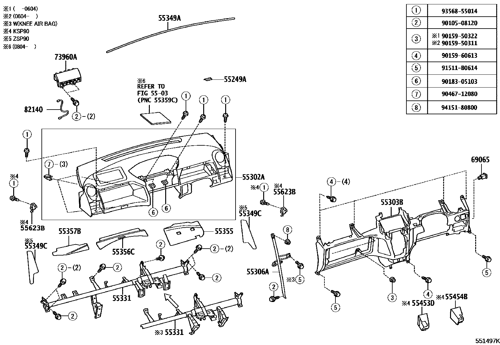 Toyota YARIS 仪表板和手套箱 EPC diagram — 551497K