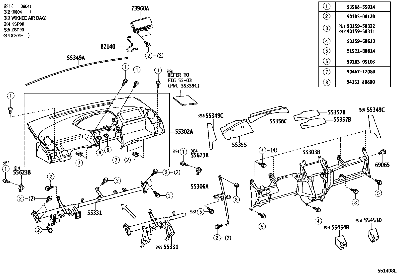 Toyota YARIS 仪表板和手套箱 EPC diagram — 551498L