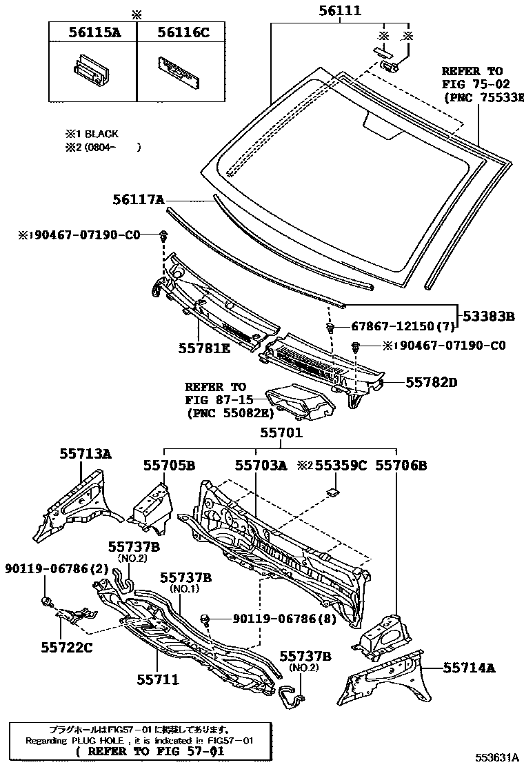 Toyota YARIS 前围板和挡风玻璃 EPC diagram — 553631A