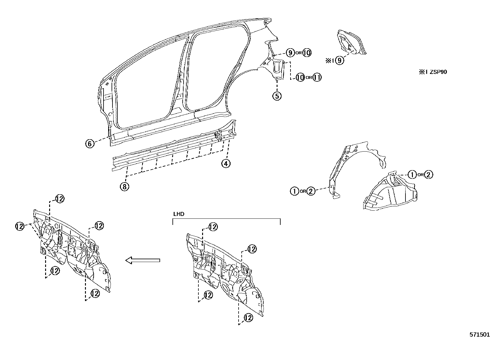 Toyota YARIS hole plug EPC diagram — 571501