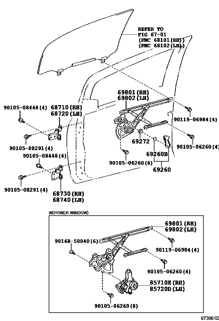 Toyota YARIS 前门车窗升降器和合页 EPC diagram — 673961D