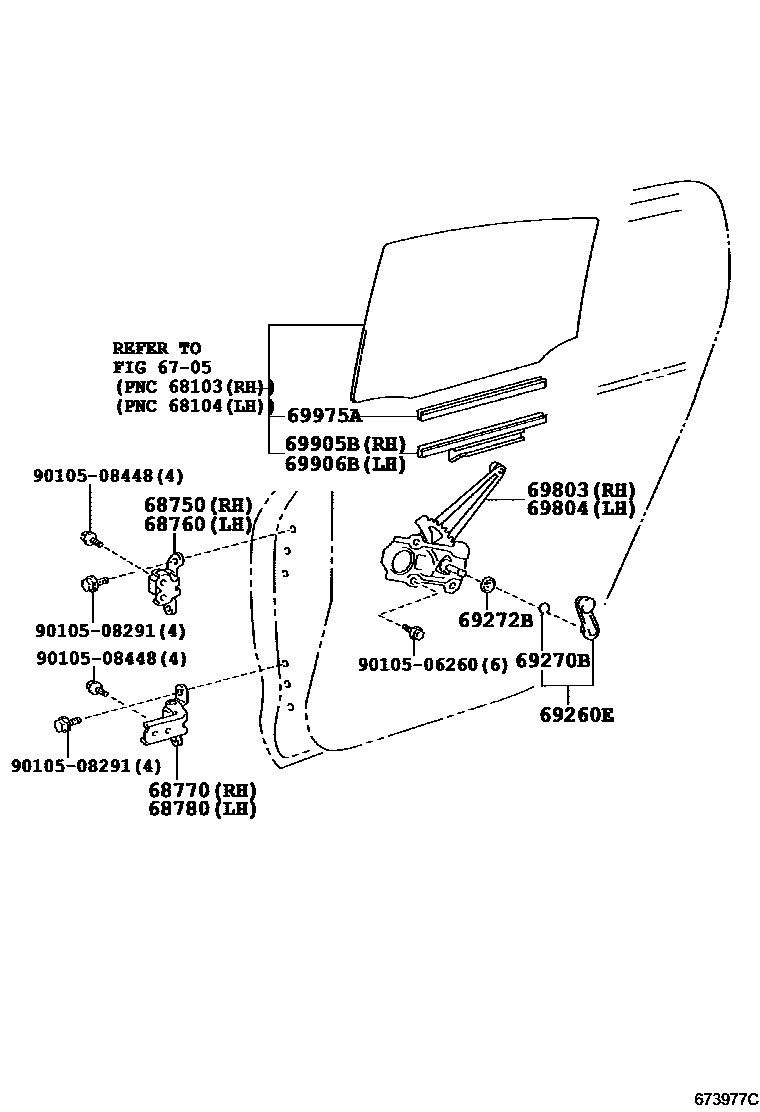Toyota YARIS 后门车窗升降器和合页 EPC diagram — 673977C
