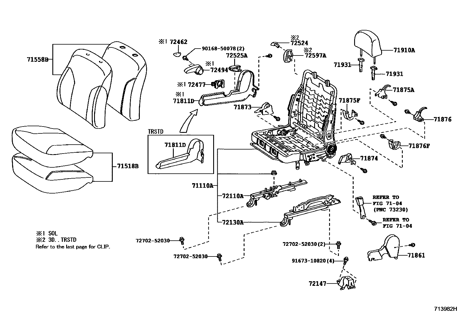 Toyota YARIS 前排座椅和座椅滑轨 EPC diagram — 713982H