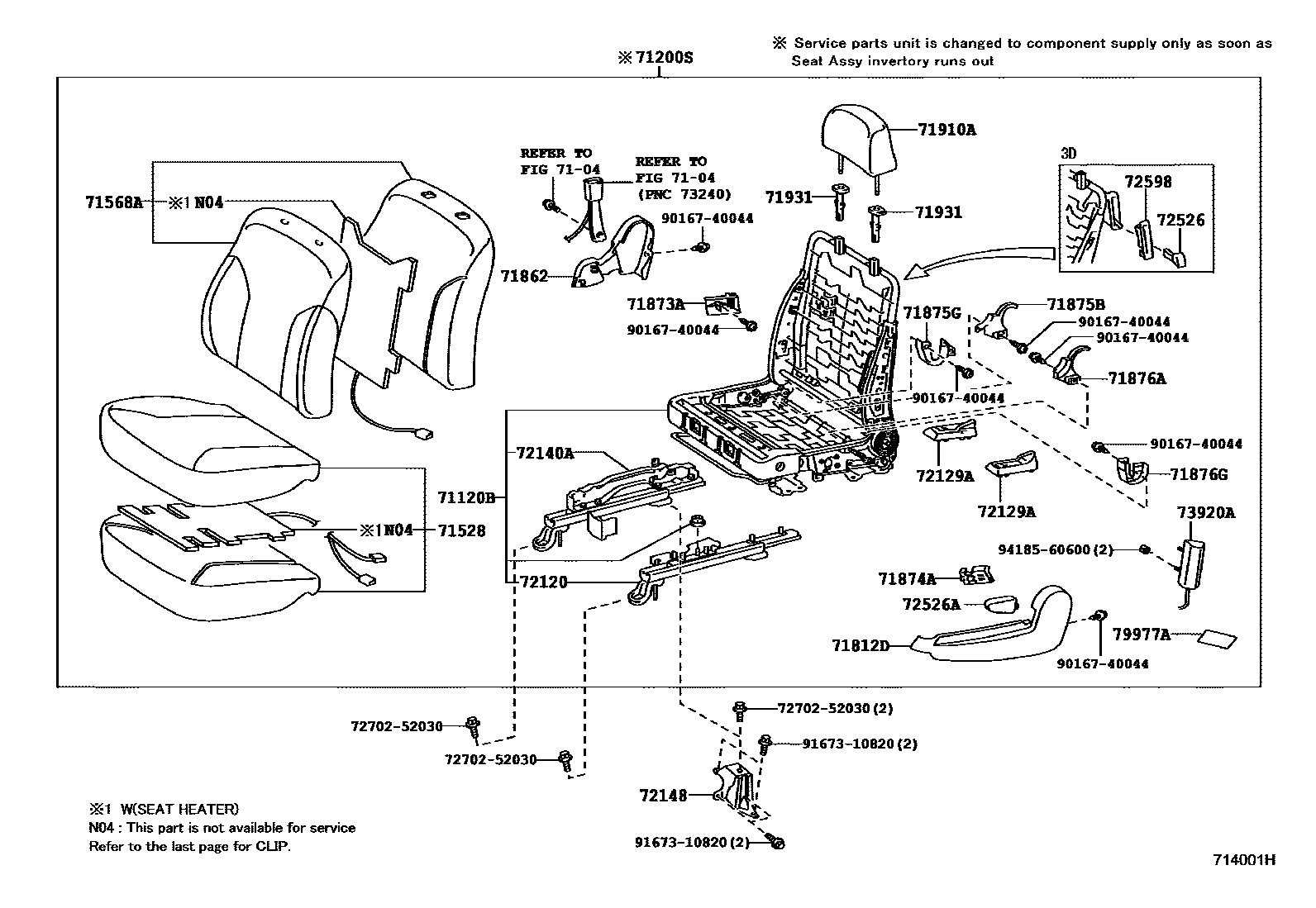 Toyota YARIS 前排座椅和座椅滑轨 EPC diagram — 714001H