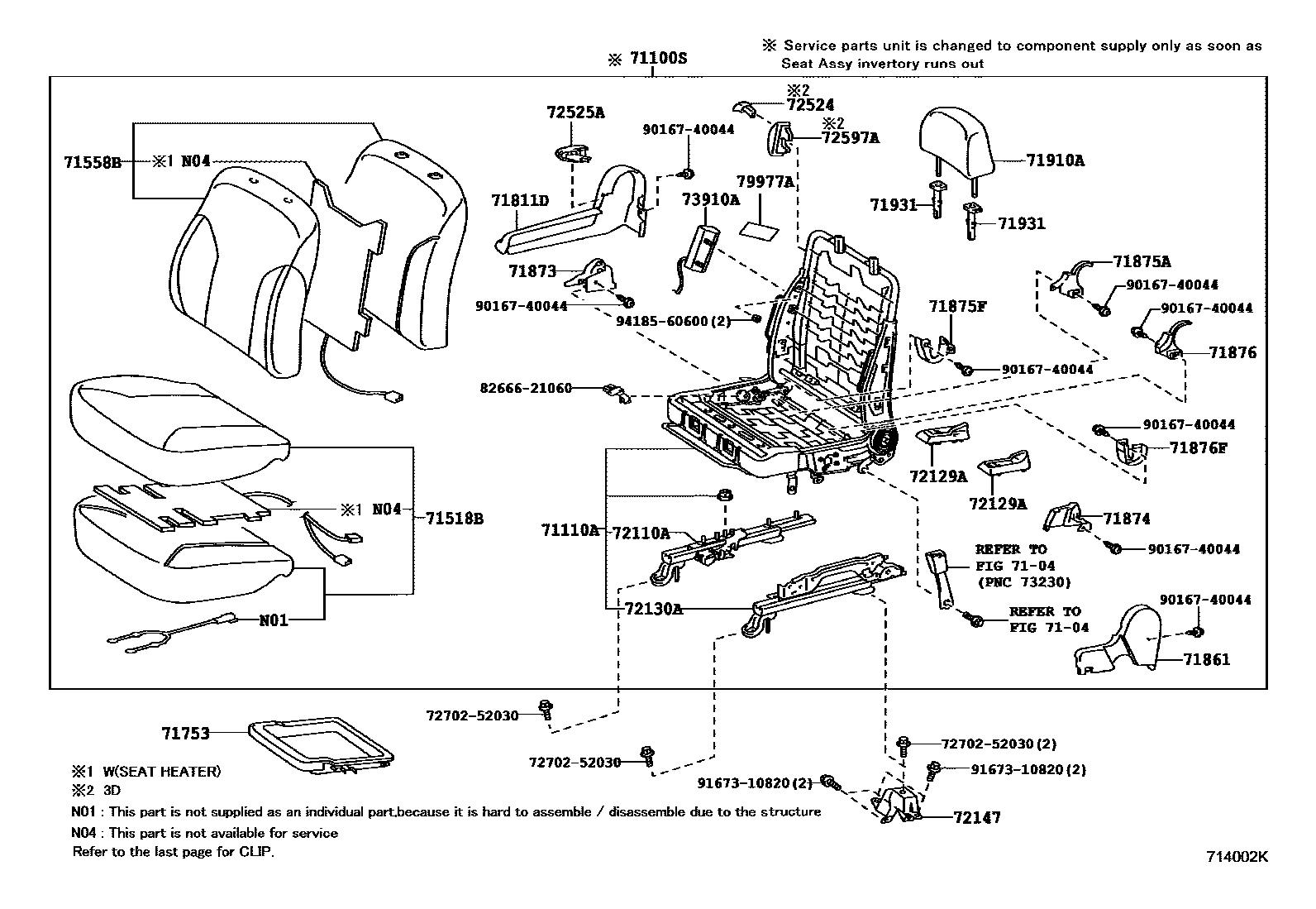 Toyota YARIS 前排座椅和座椅滑轨 EPC diagram — 714002K