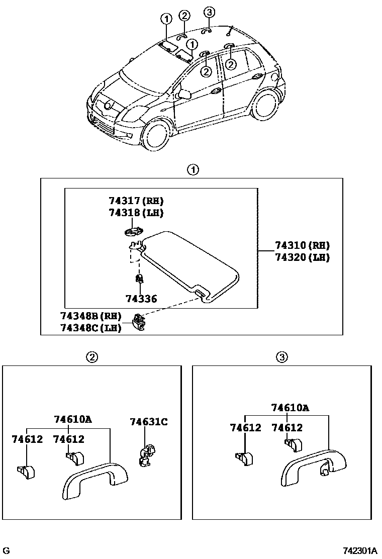 Toyota YARIS 扶手和遮阳板 EPC diagram — 742301A