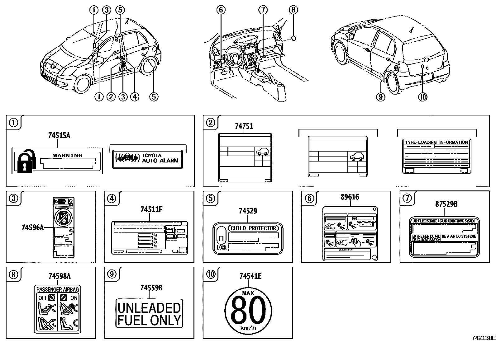 Toyota YARIS 警示铭牌(车外和车内) EPC diagram — 742130E