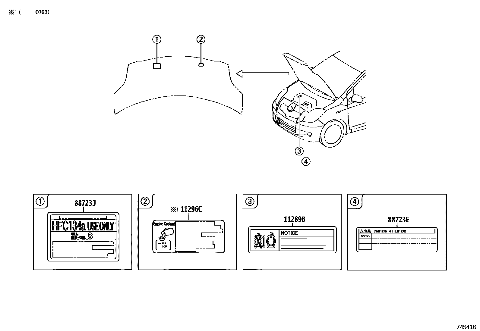 Toyota YARIS 警示铭牌(车外和车内) EPC diagram — 745416