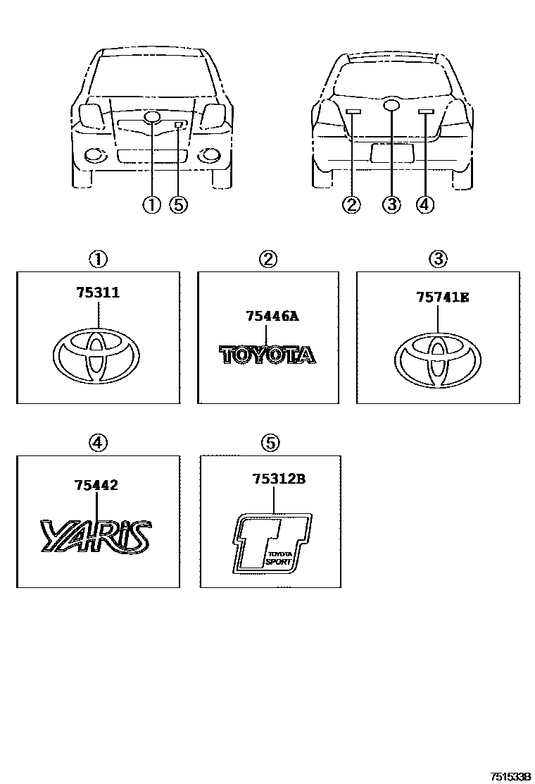 Toyota YARIS 丰田徽标和铭牌(车外和车内) EPC diagram — 751533B