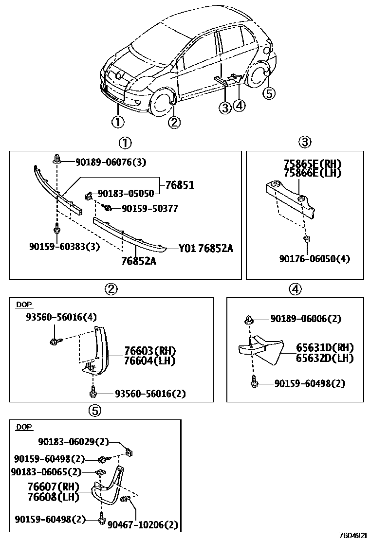 Toyota YARIS 挡泥板和扰流板 EPC diagram — 760492I