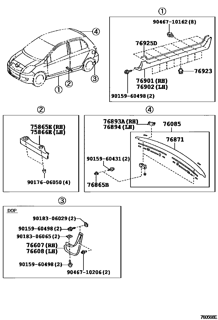 Toyota YARIS 挡泥板和扰流板 EPC diagram — 760568E