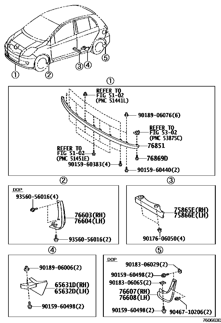 Toyota YARIS 挡泥板和扰流板 EPC diagram — 760663D
