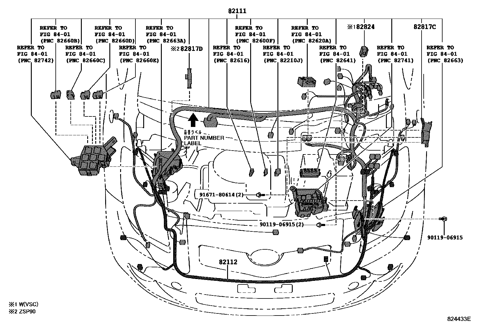 Toyota YARIS 线束和卡夹 EPC diagram — 824433E