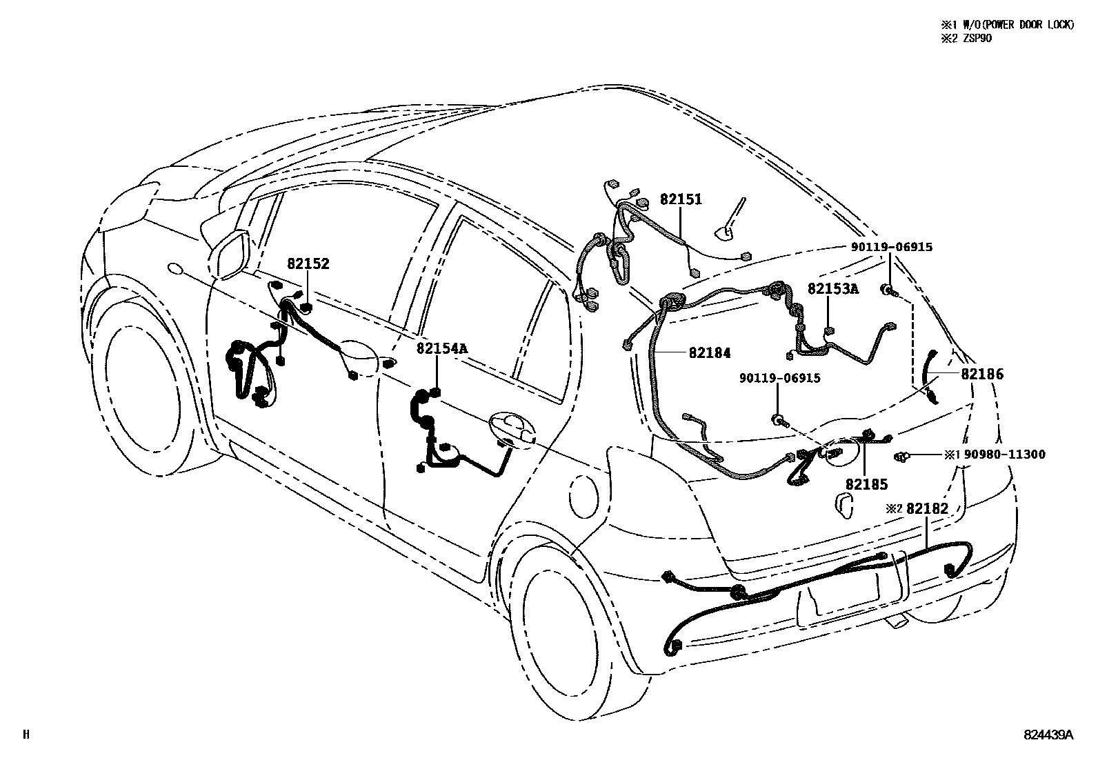 Toyota YARIS 线束和卡夹 EPC diagram — 824439A