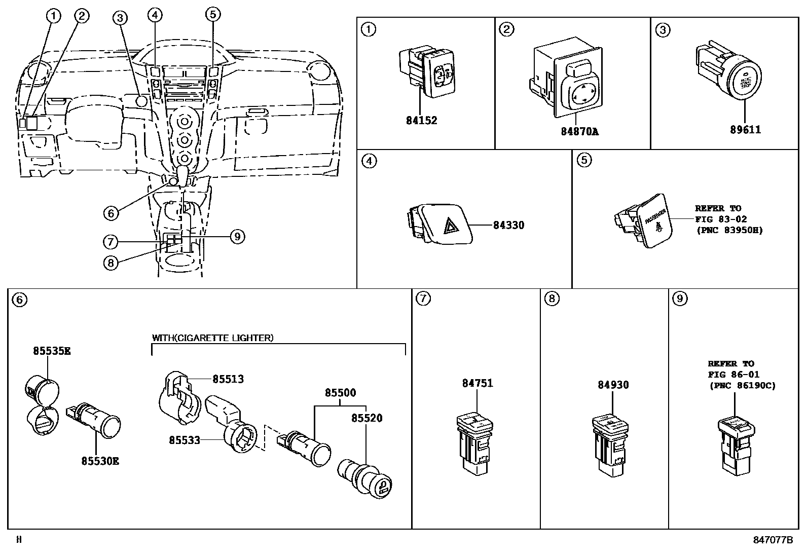 Toyota YARIS 开关和继电器和ECU EPC diagram — 847077B