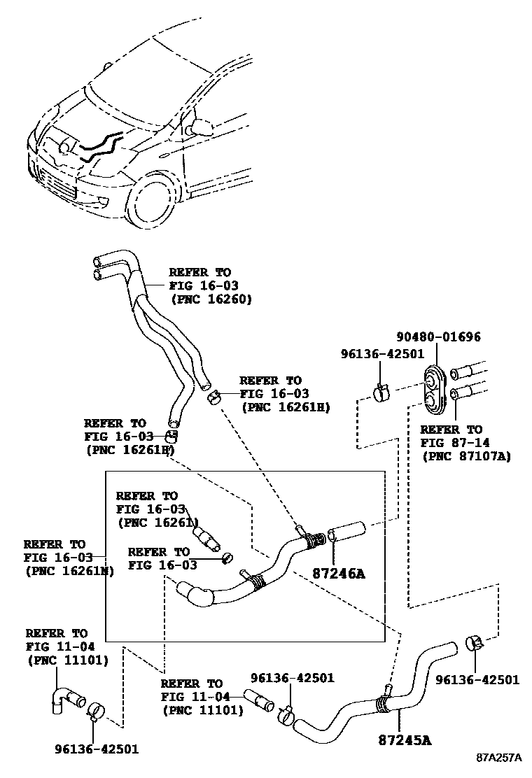 Toyota YARIS 暖风和空调系统 - 水管 EPC diagram — 87A257A