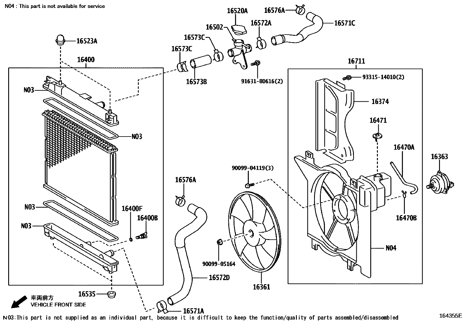 Toyota YARIS RADIATOR & WATER OUTLET EPC diagram — 164355E