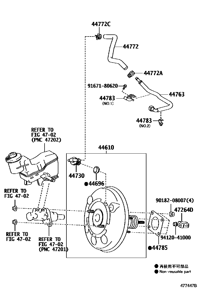Toyota YARIS 制动助力器和真空管 EPC diagram — 477447B