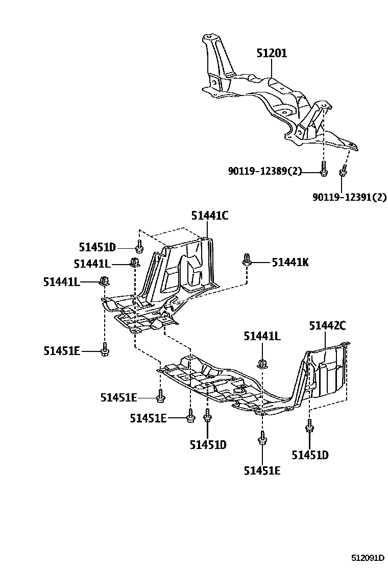 Toyota YARIS 悬架横梁和发动机底罩 EPC diagram — 512091D
