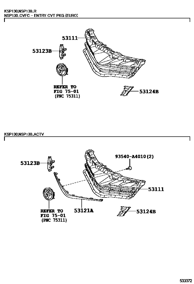 Toyota YARIS radiator grille EPC diagram — 533372