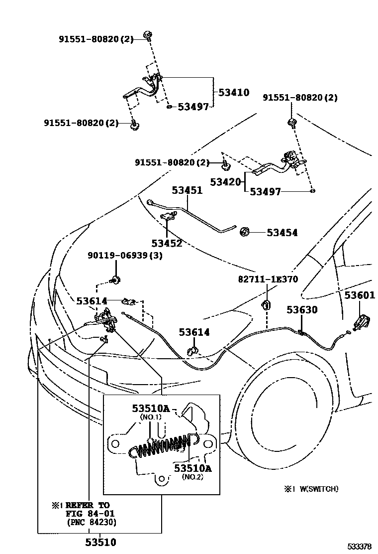 Toyota YARIS 发动机盖锁和铰链 EPC diagram — 533378
