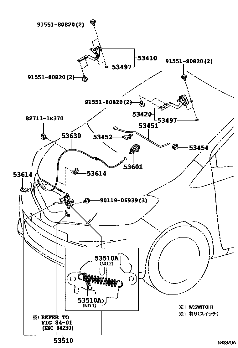 Toyota YARIS 发动机盖锁和铰链 EPC diagram — 533379A