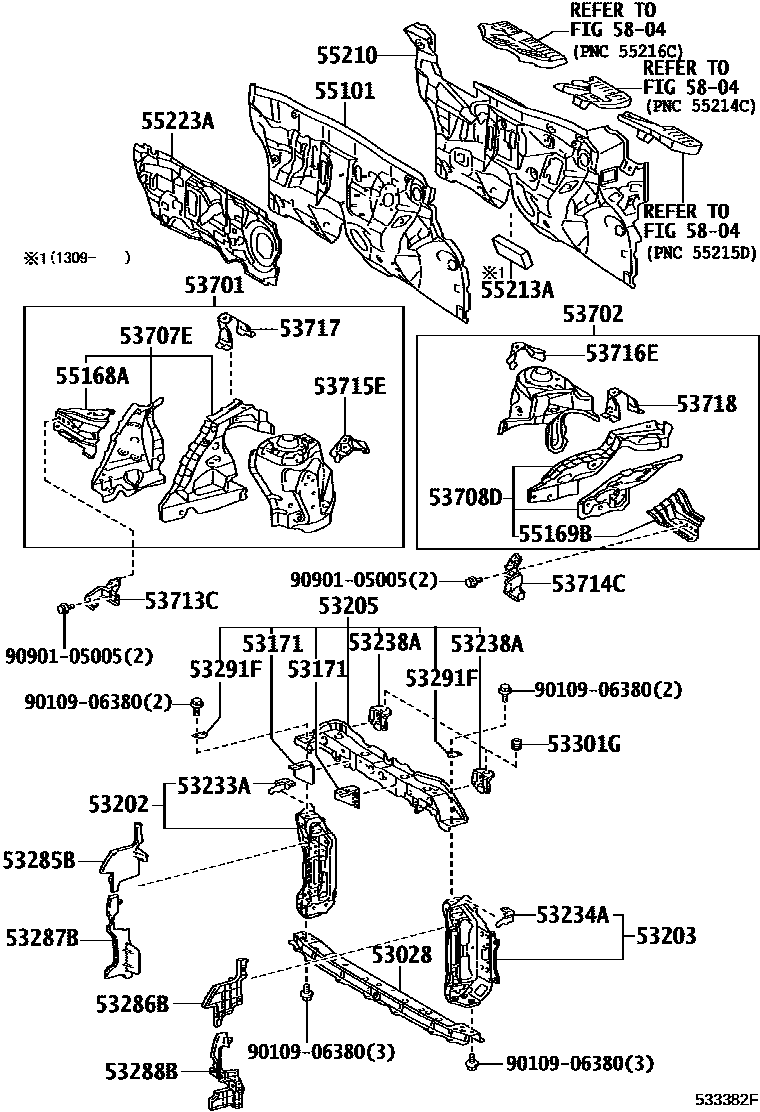 Toyota YARIS 前翼子板挡泥板和前围板 EPC diagram — 533382F