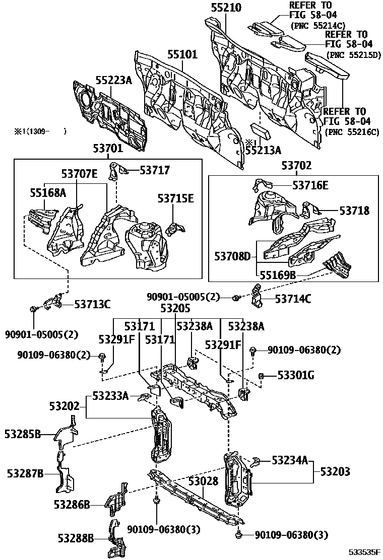 Toyota YARIS 前翼子板挡泥板和前围板 EPC diagram — 533535F