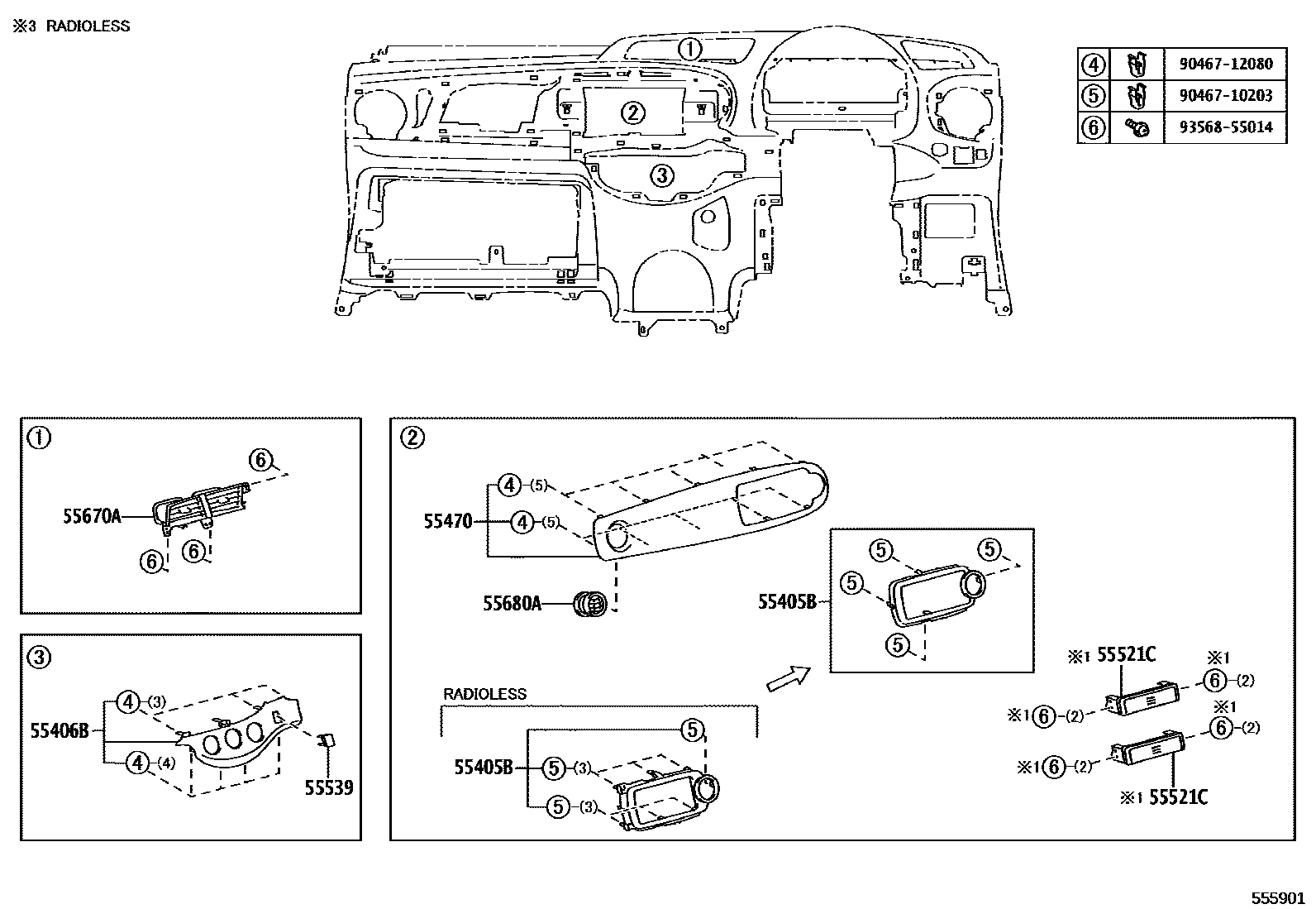 Toyota YARIS 仪表板和手套箱 EPC diagram — 555901