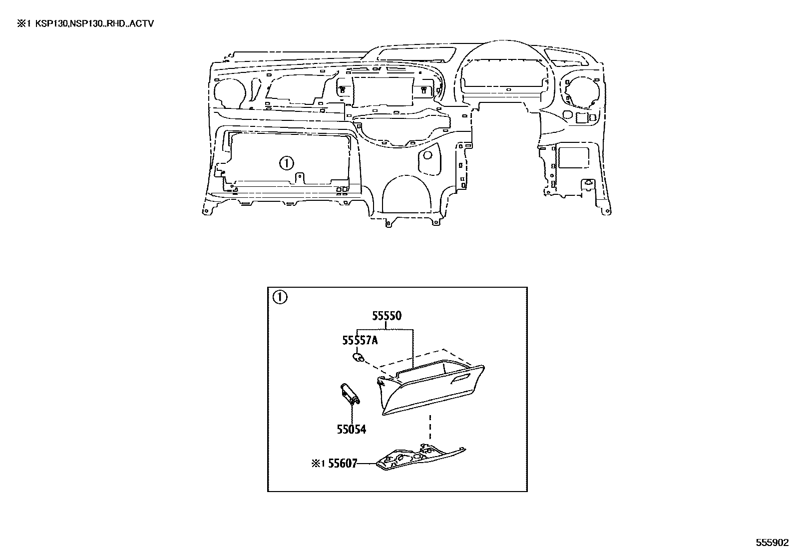 Toyota YARIS 仪表板和手套箱 EPC diagram — 555902