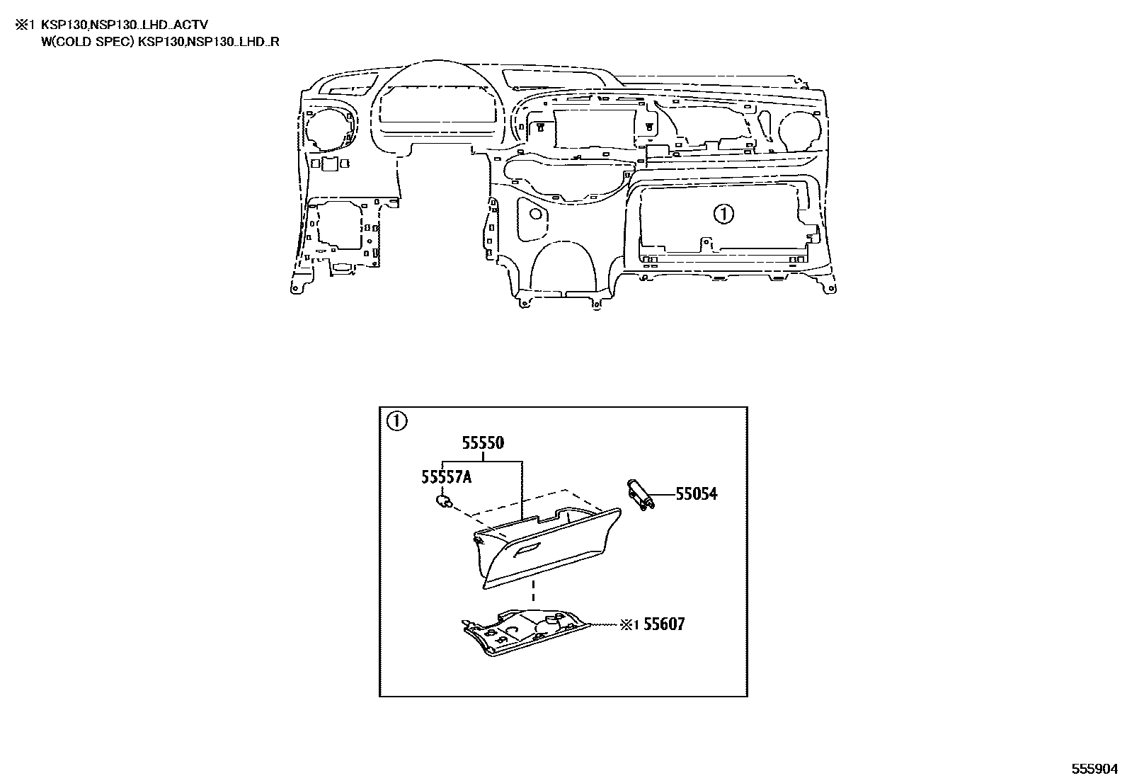 Toyota YARIS 仪表板和手套箱 EPC diagram — 555904
