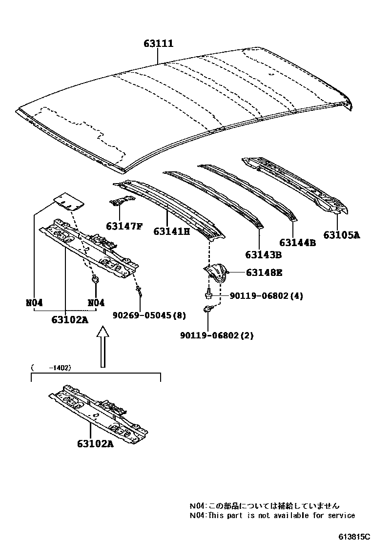 Toyota YARIS 天窗板和背窗玻璃 EPC diagram — 613815C