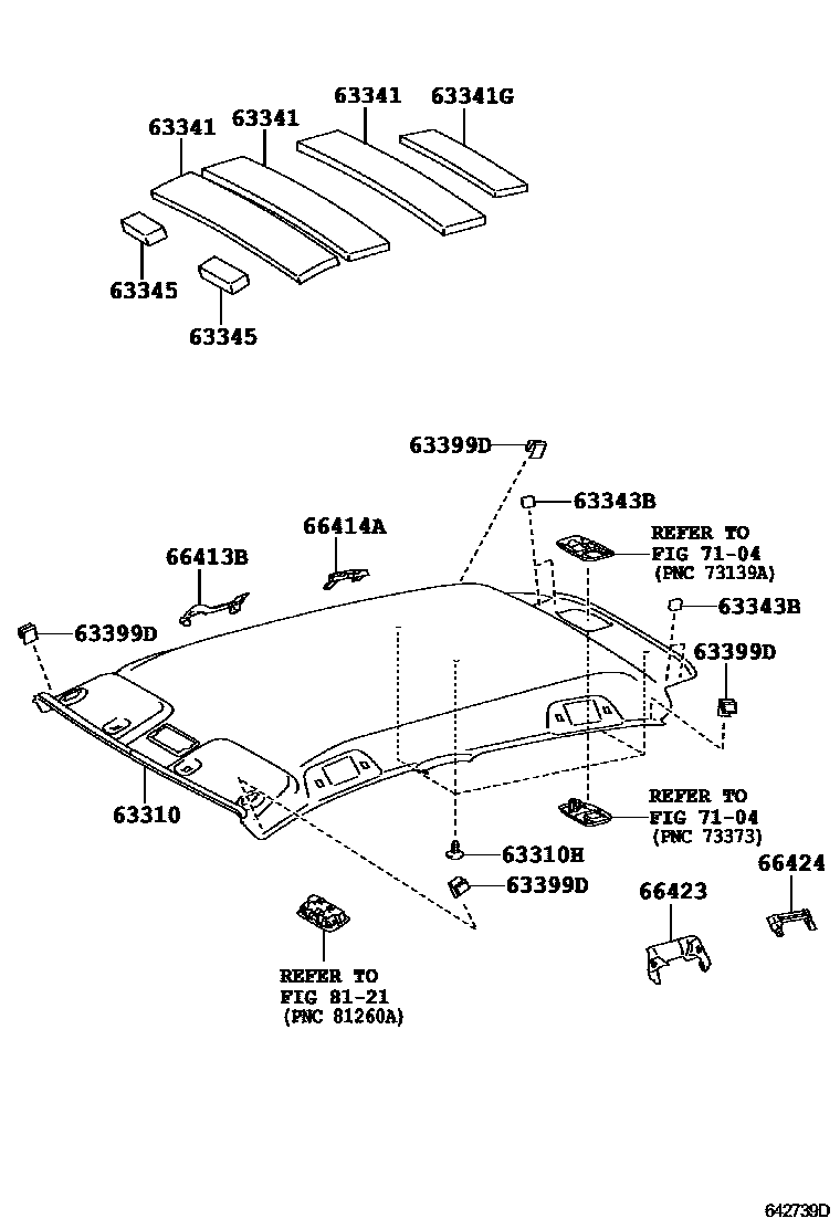 Toyota YARIS 车顶内衬和消声垫 EPC diagram — 642739D