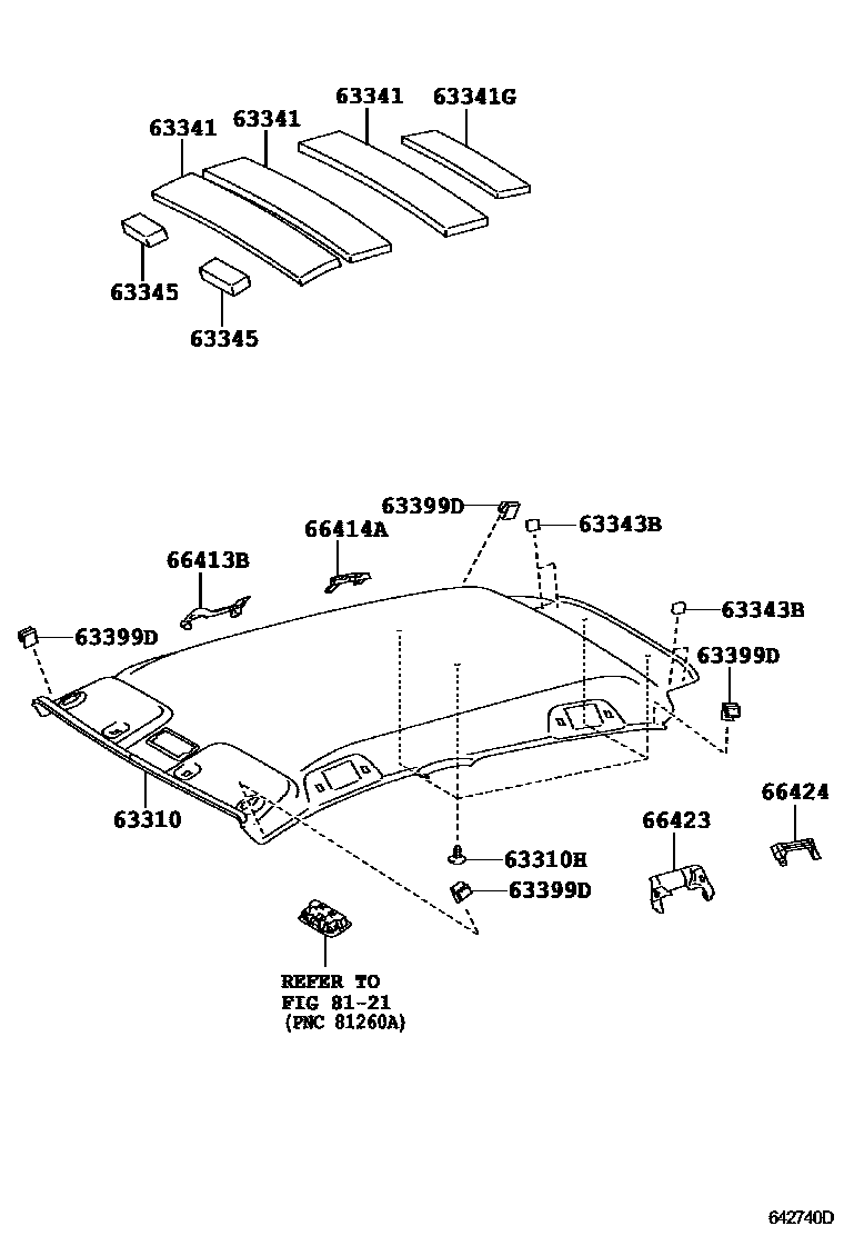 Toyota YARIS 车顶内衬和消声垫 EPC diagram — 642740D