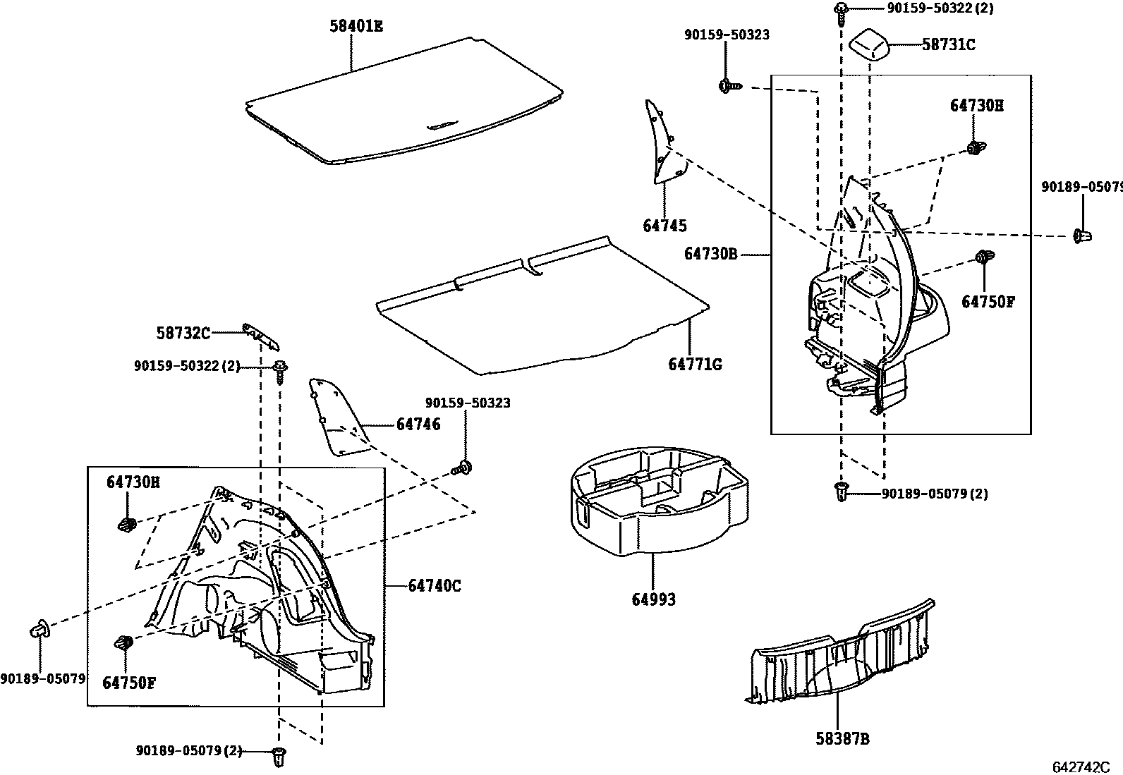 Toyota YARIS 底板和底板装饰罩 EPC diagram — 642742C