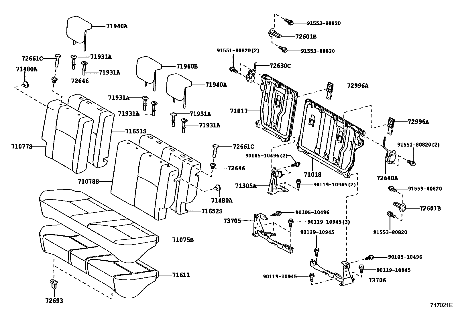 Toyota YARIS 后排座椅和座椅滑轨 EPC diagram — 717021E