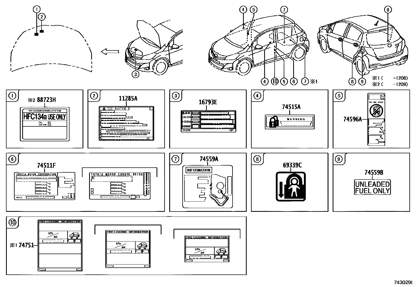 Toyota YARIS 警示铭牌(车外和车内) EPC diagram — 743029I