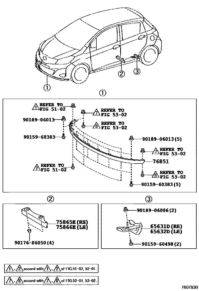 Toyota YARIS 挡泥板和扰流板 EPC diagram — 760783B