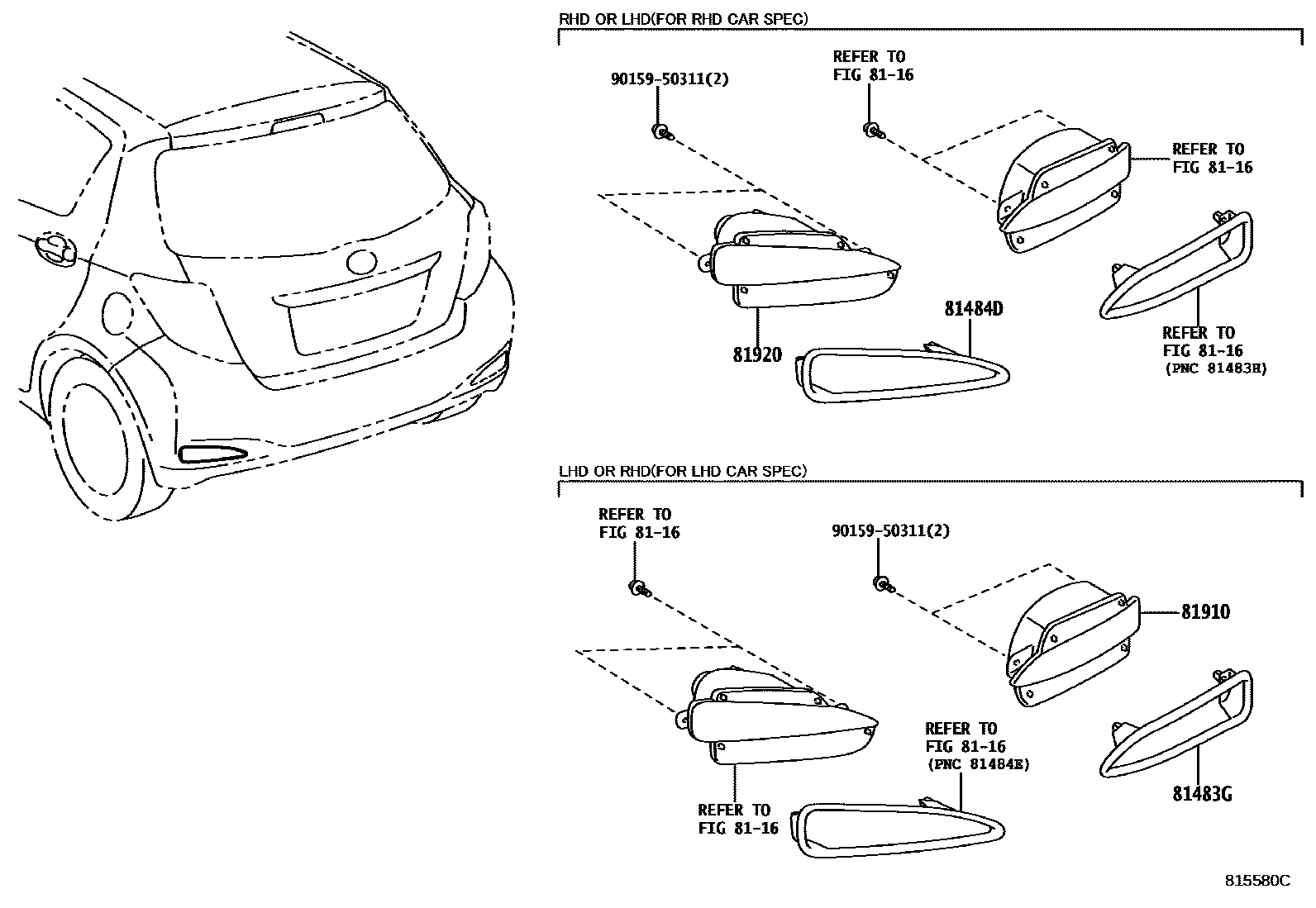 Toyota YARIS reflector EPC diagram — 815580C