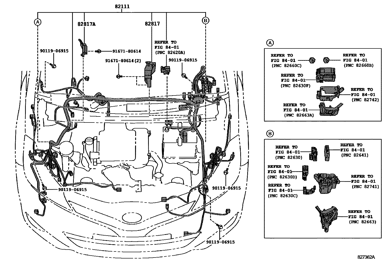 Toyota YARIS 线束和卡夹 EPC diagram — 827362A
