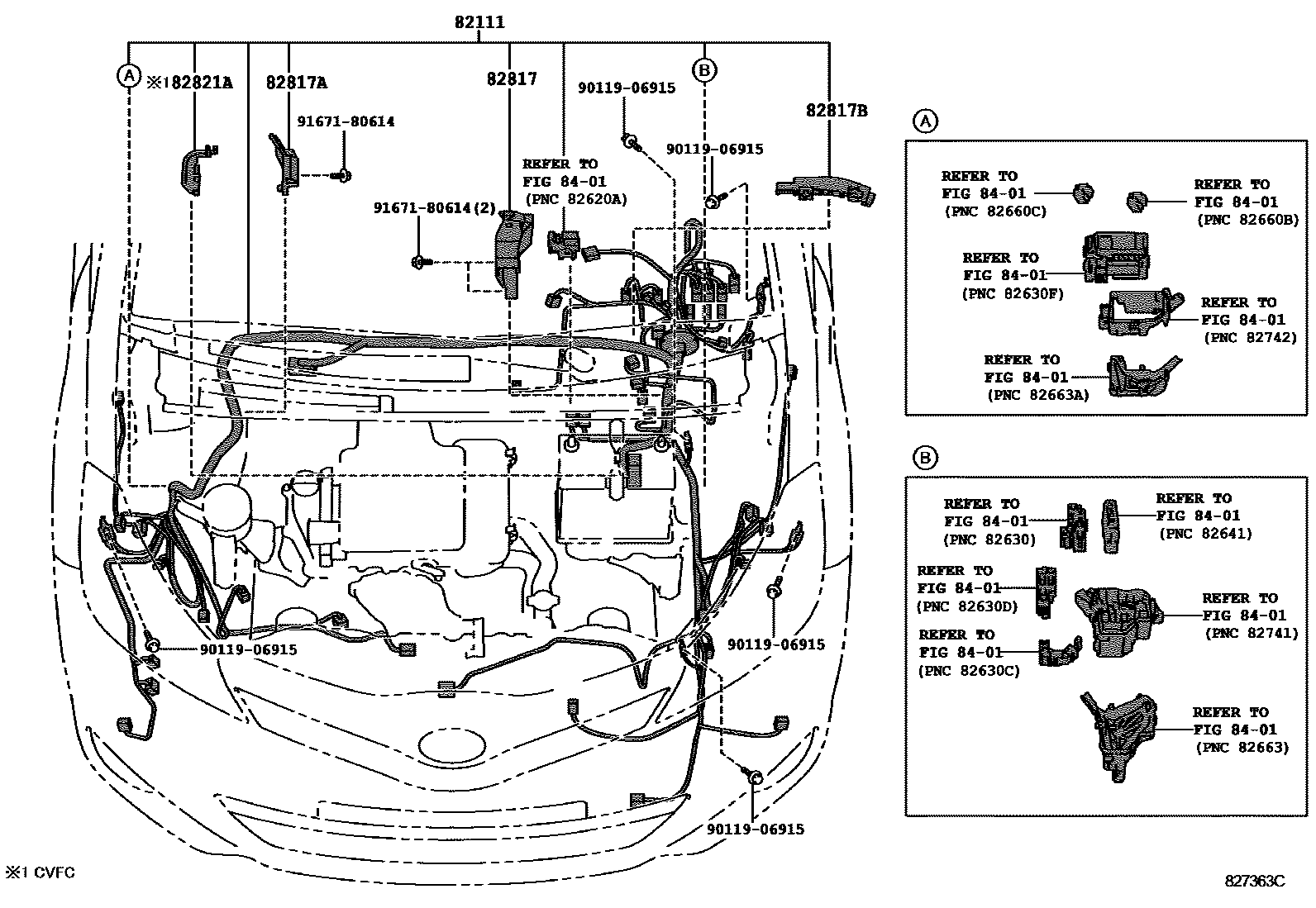 Toyota YARIS 线束和卡夹 EPC diagram — 827363C