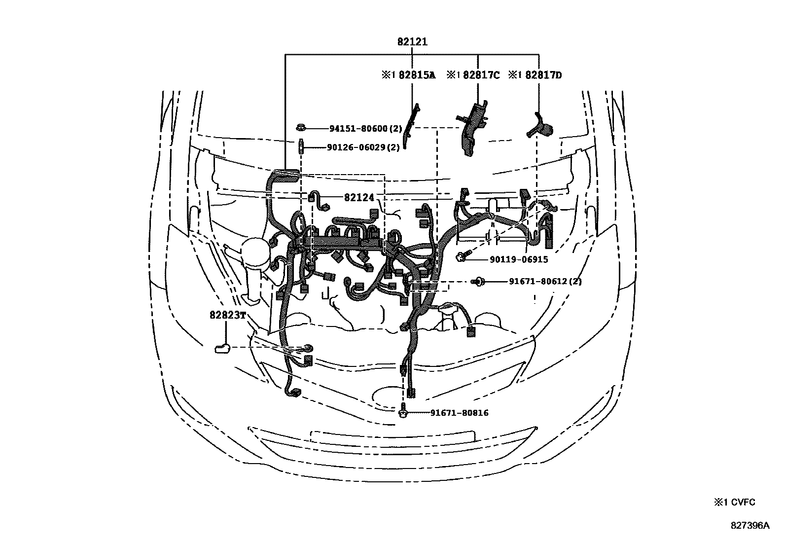 Toyota YARIS 线束和卡夹 EPC diagram — 827396A