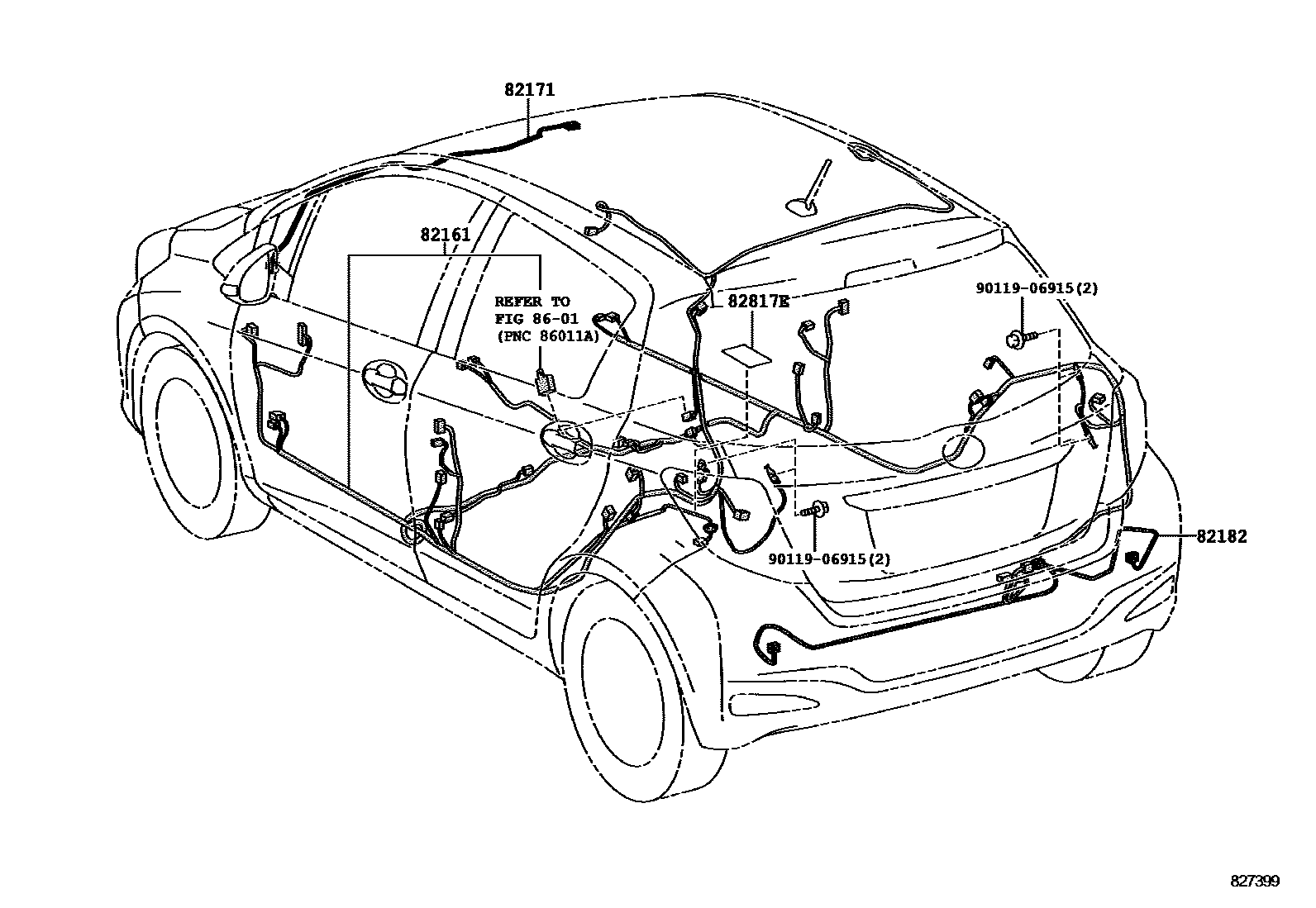 Toyota YARIS 线束和卡夹 EPC diagram — 827399